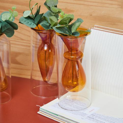 Vaso de Vidro Duplo Ambar 7,5x7,5x17 cm