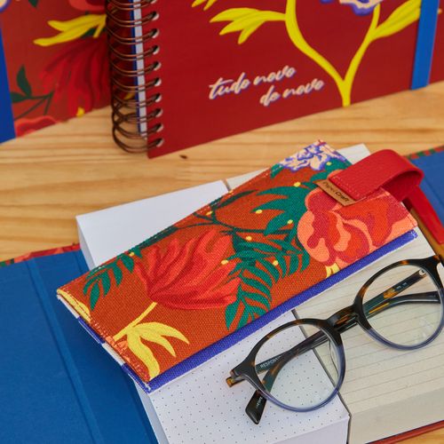 Porta òculos Lona Duplo Lingueta Couro LISTRAS MARINHO/FLORAL QUADRI