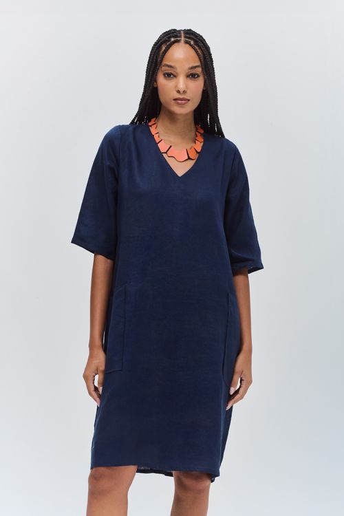 Vestido Linho Decote V e Bolsos MARINHO