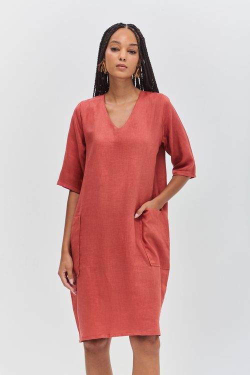 Vestido Linho Decote V e Bolsos MADEIRA